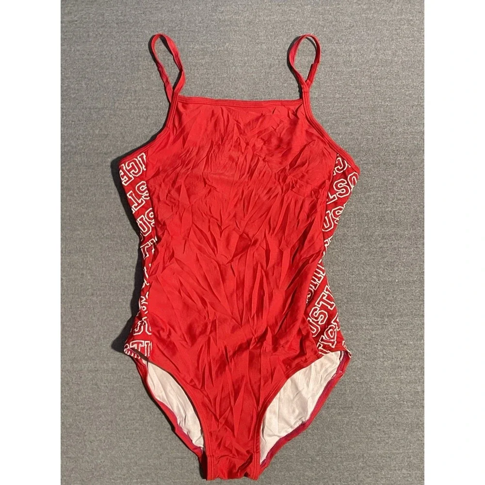 Justice Girls Red One Piece Swimsuit Size 14 Logo Side Summer Pool Swimwear